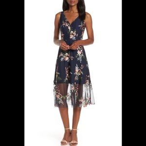Vince Camuto Floral Embroidered Mesh Midi Dress